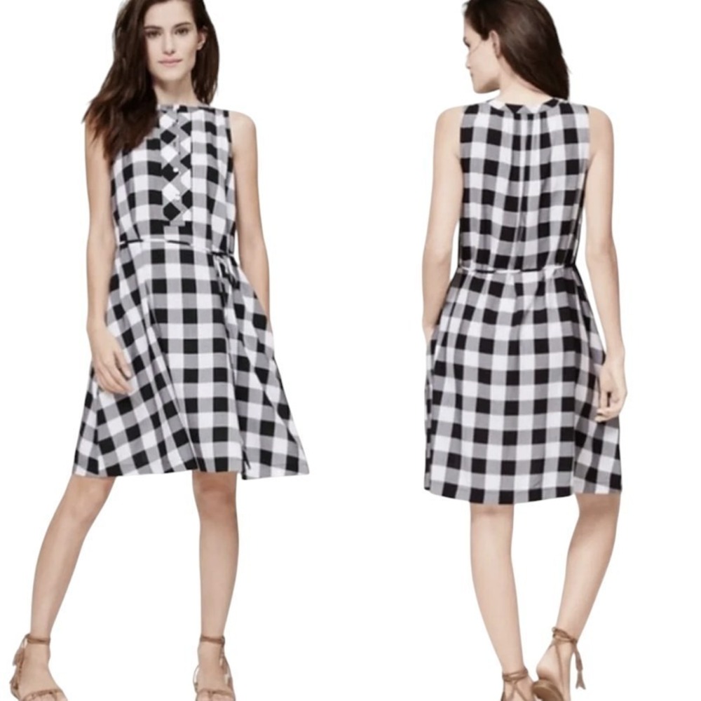 Loft Gingham Dress, Sz Medium, Black & White, Fit & Flare, Sleeveless, Pockets